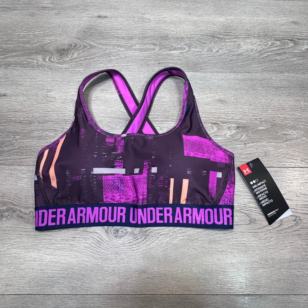 Under Armour Mid-Impact Compression Sports Bra Purple Abstract Print NWT Large L